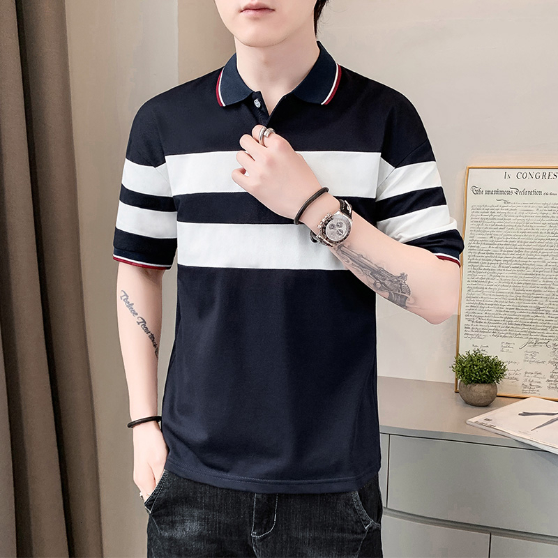 Summer t-shirt, new short sleeved T-shirt, slim fitting collar, striped cotton clothing, men's polo shirt