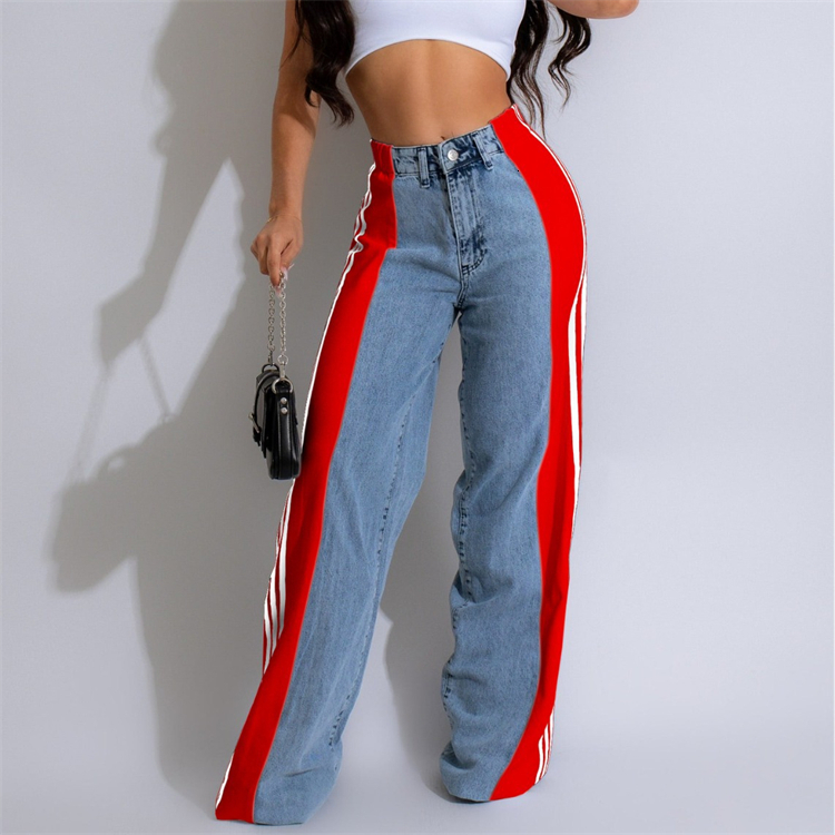 Hot sale Women's Summer Fashion Side Patchwork Striped Wide Jeans New Casual High Waist Elastic Straight Leg Pants