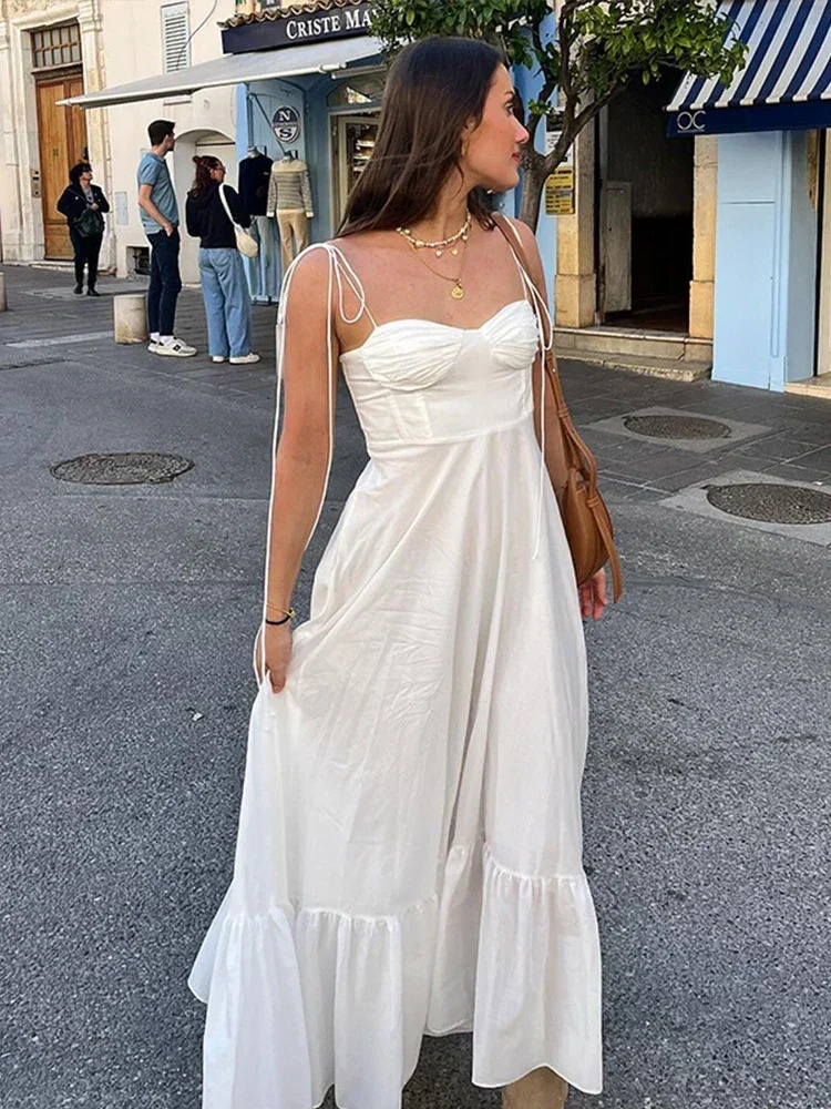 Sexy Linen Lace Up Dress Women White Sleeveless Backless Petal Holiday A-line Long Dresses 2024 Summer Lady Beach Strap Robe 240708