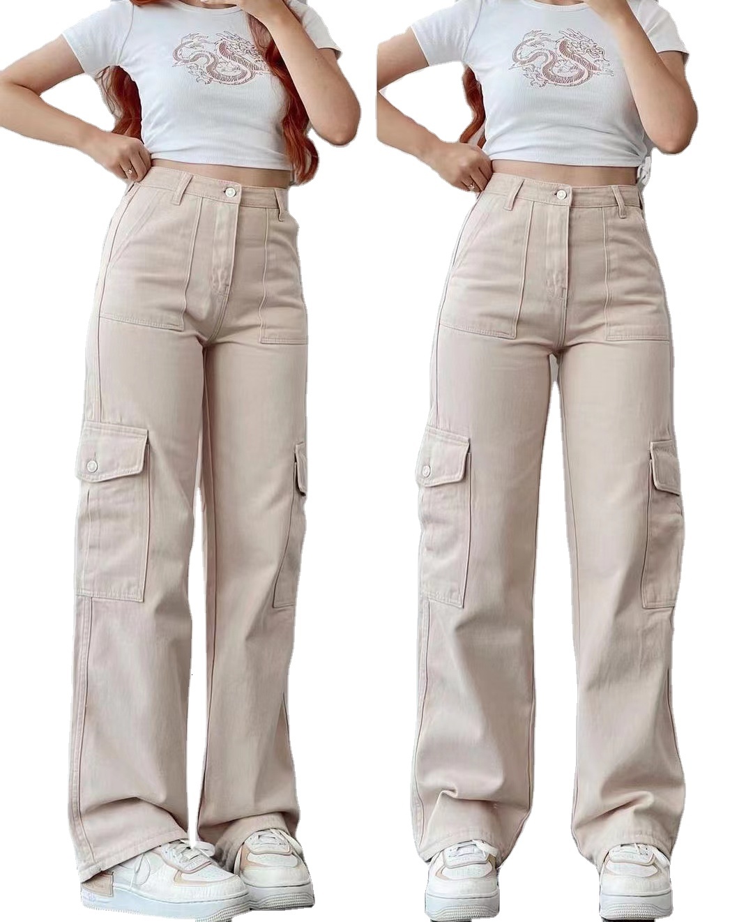 New High Waist Slim Women Denim cargo Custom cotton made Jean Pants Designer Women's baggy solid color dyed