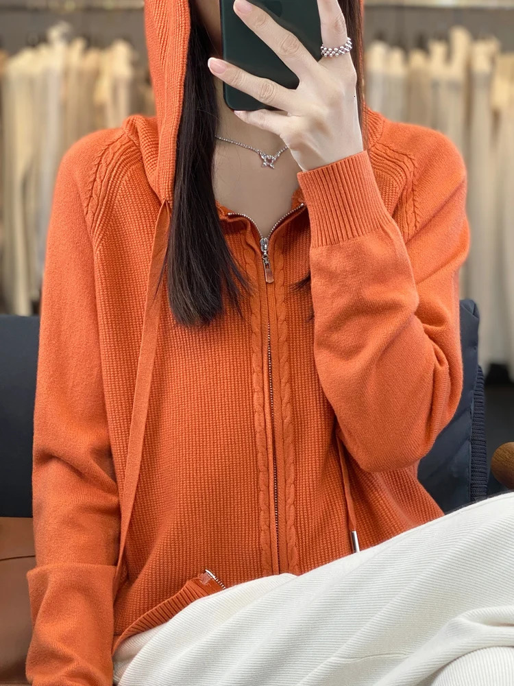SpringSummer Hooded Cardigan Womens Versatile Knitted Top Loose Sweater Casual Solid Color Double Zipper 240712