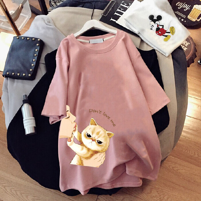 kkli Women's Summer Blouse Cute Cat Short-Sleeve T-Shirt Fashion Round Neck Dress Student Tees / Clothes