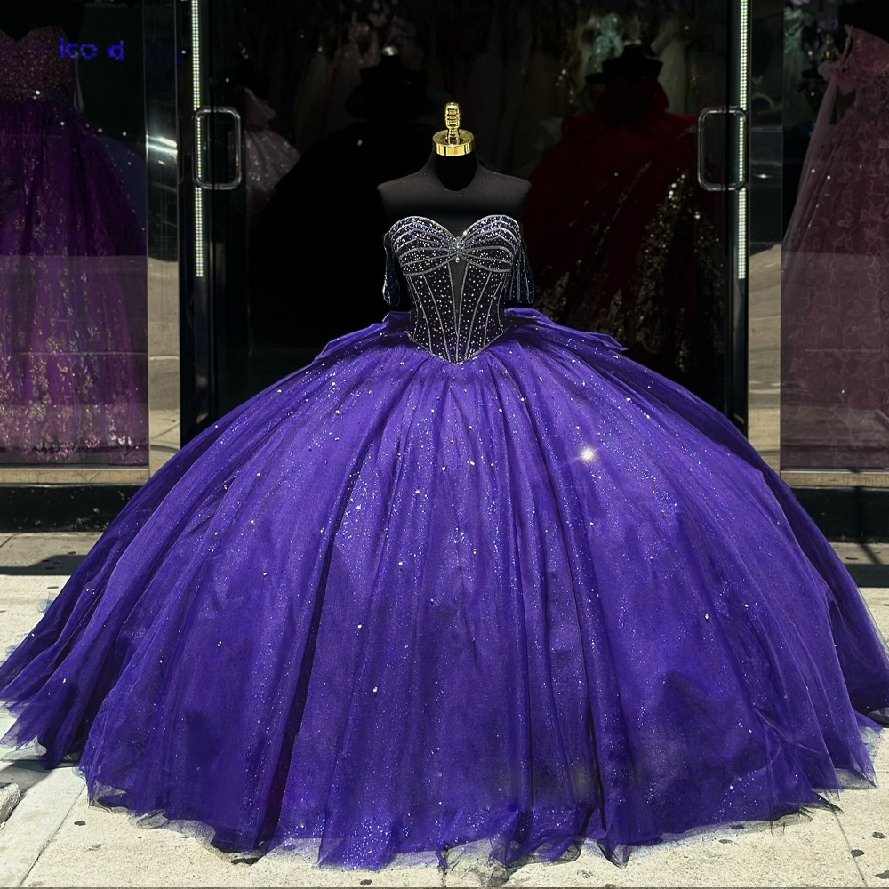 Glitter Quinceanera Dresses 15 Sweet Prom Dress Off the Shoulder Crystal Ball Birthday Party Gown Beaded Sequin vestidos de quincenaera