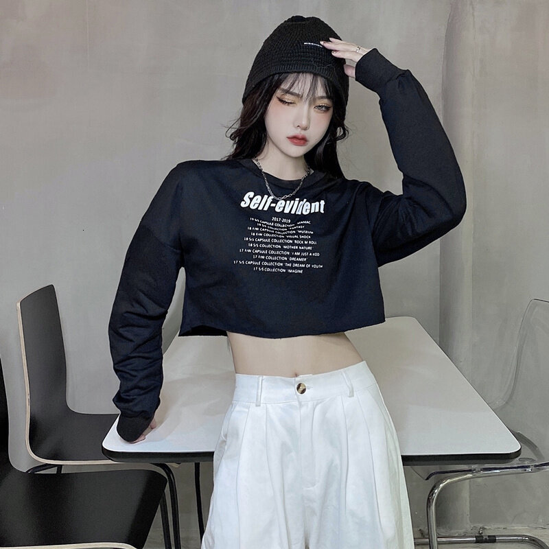 Women's Crop Top High Waisted Jazz Street Hip Hop Tee Fashion Letters Floating Waist Long Sleeve T-shirt Oversized Korean Teenage Clothes