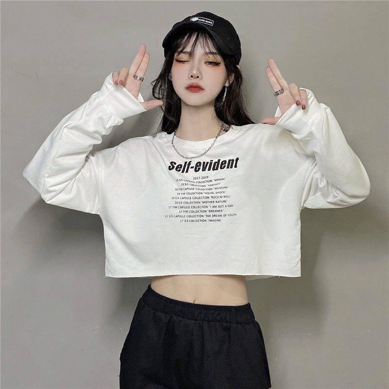 Women's Crop Top High Waisted Jazz Street Hip Hop Tee Fashion Letters Floating Waist Long Sleeve T-shirt Oversized Korean Teenage Clothes