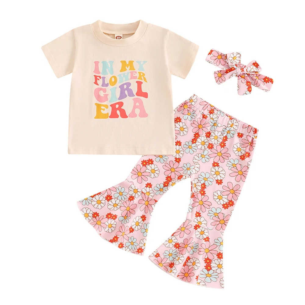 Clothing Sets 2024-04-22 Lioraitiin Kids Girls Summer Outfits Letter Print Short Sleeve T-Shirt and Floral/Bow Print Flare Pants Headbands Set ZTUF