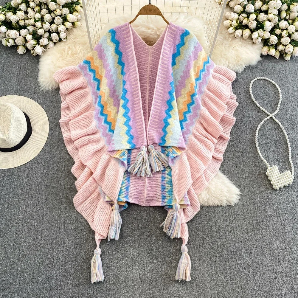 Ethnic Style Knitted Cardigan Women Ruffles Striped Tassel Female Sweaters Ladies Bohemia Holiday Autumn Cardigans Drop 240712