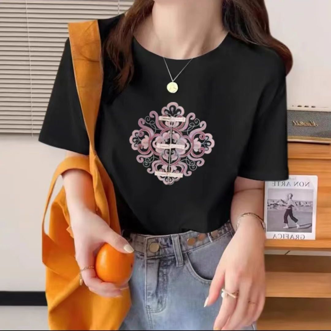 Women's Unique T-shirt 2024 Summer New Print Versatile Slimming Fashion Loose Casual Top