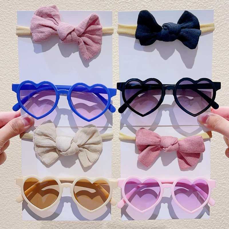 Sunglasses 2 Pcs/Set New Baby Girls Cute Solid Bowknot Hairbands Children Heart Sunglasses Hair Bands Headwear Kids Lovely Hair Accessories