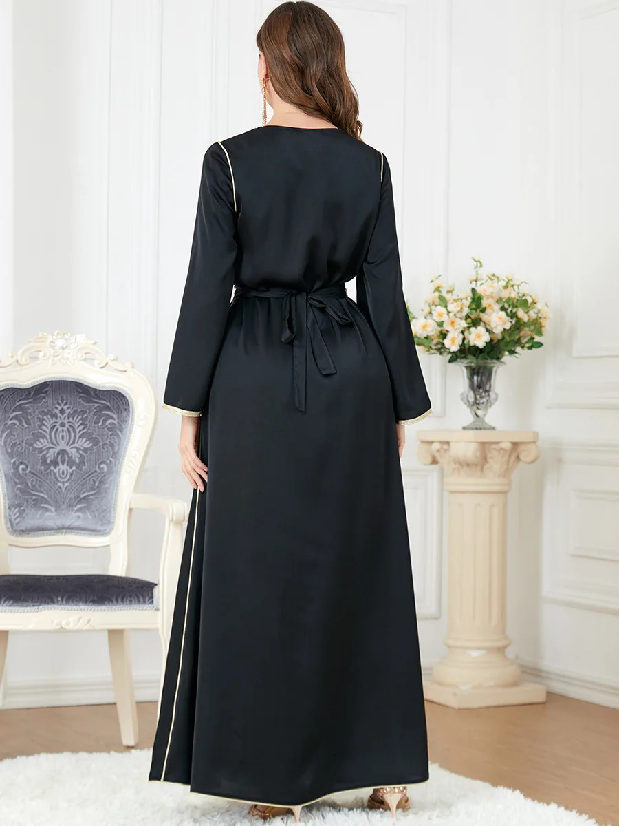 Muslim Slit Dress for Women Modest Black Abaya Long Sleeve VNeck Embroidery Arabic Clothing Dubai Abayat Islamic Robe 3277 240715