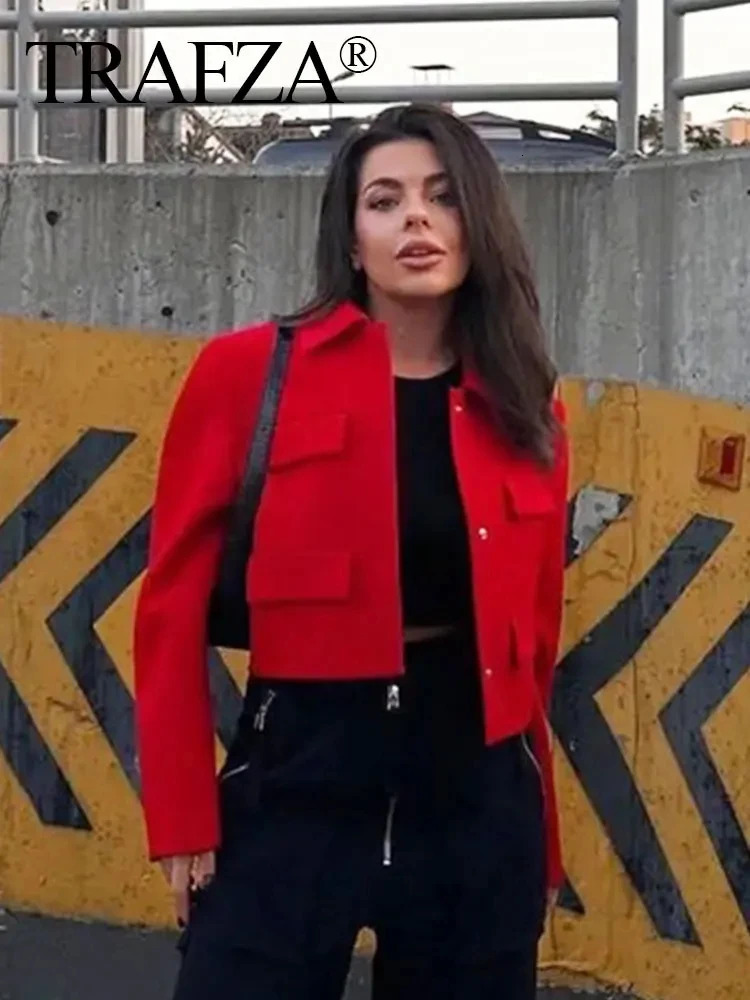 TRAFZA Spring Jacket For Women Slim Cropped Coat Elegant Solid Long Sleeve Front Flap Pocket Outerwear Fashion Streetwear 240715