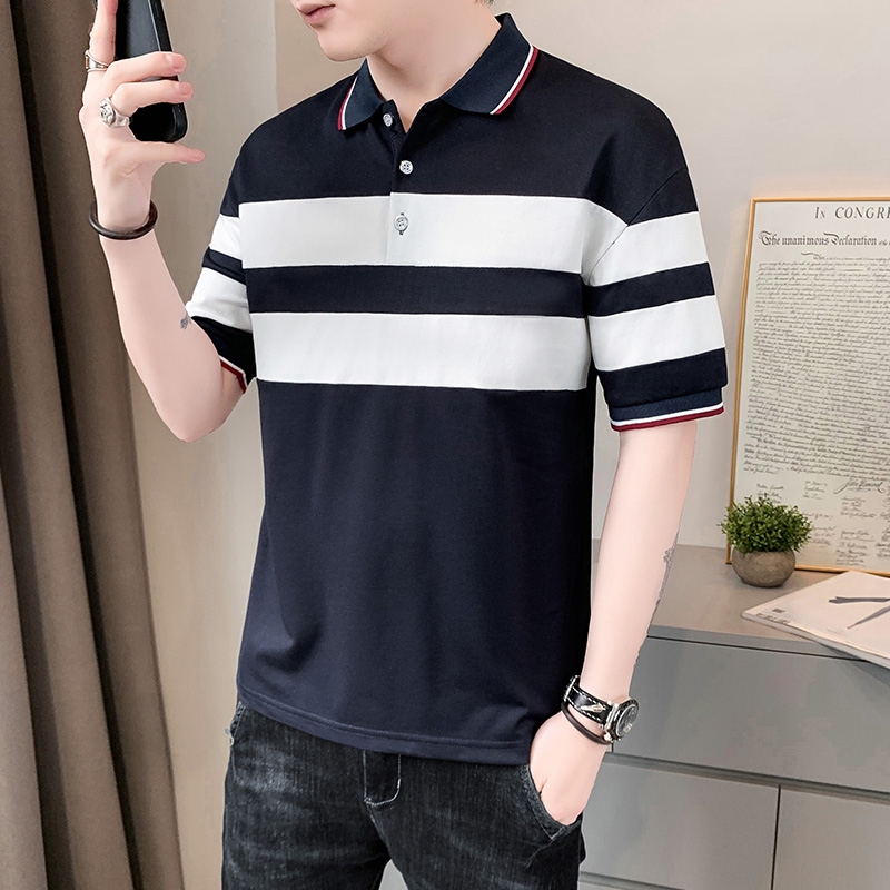 Summer t-shirt, new short sleeved T-shirt, slim fitting collar, striped cotton clothing, men's polo shirt