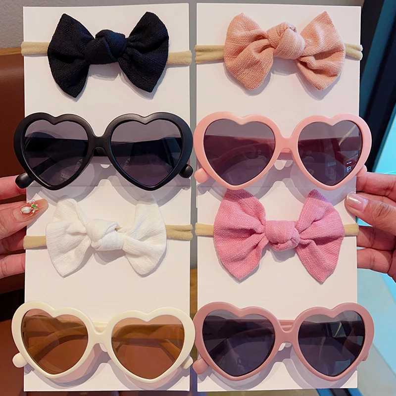 Sunglasses 2 Pcs/Set New Children Colors Soft Bowknot Headbands Heart Circle Edge UV400 Sunglasses Headwear Set Lovely Hair Accessories