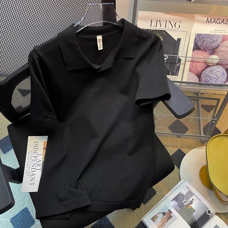 Men's small V-neck black polo shirt British fashion slim fit short sleeved casual knitted T-shirt