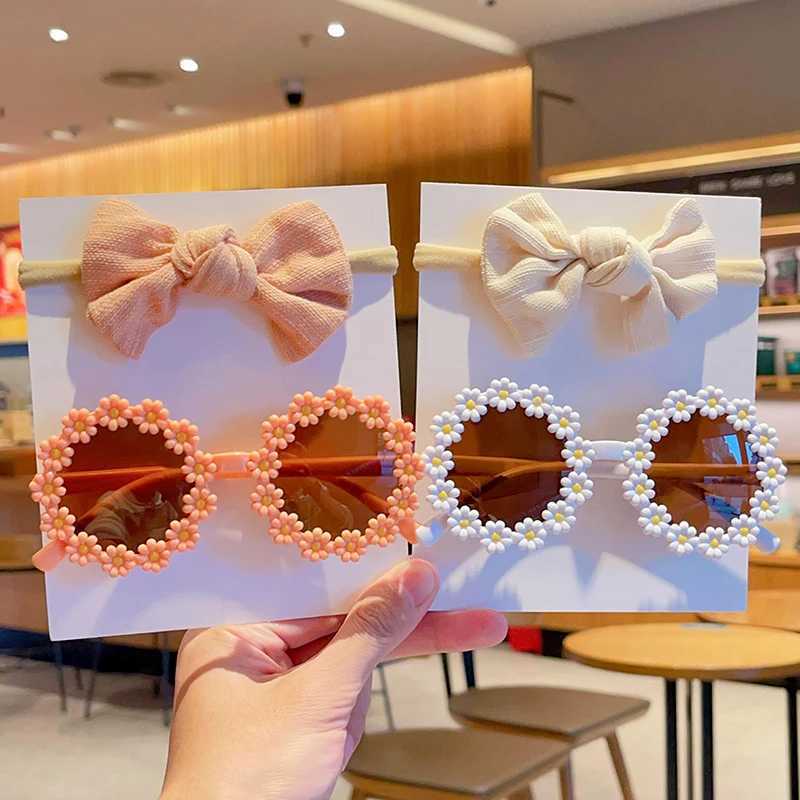 Sunglasses 2Pcs/Set New Children Cute Fashion Acrylic Daisy Sunglasses UV400 Colors Lovely Soft Bowknot Headbands Set Kids Hair Accessories