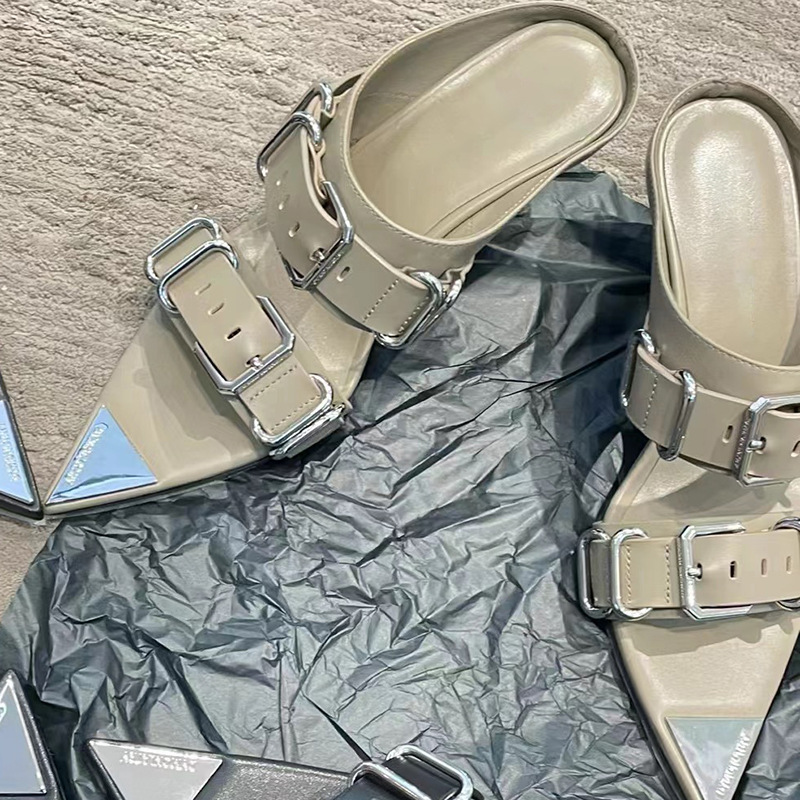 niche high-end pointed out New high-heeled slippers with metal belt buckle and punk wedge heel sandals Lhshoe sals