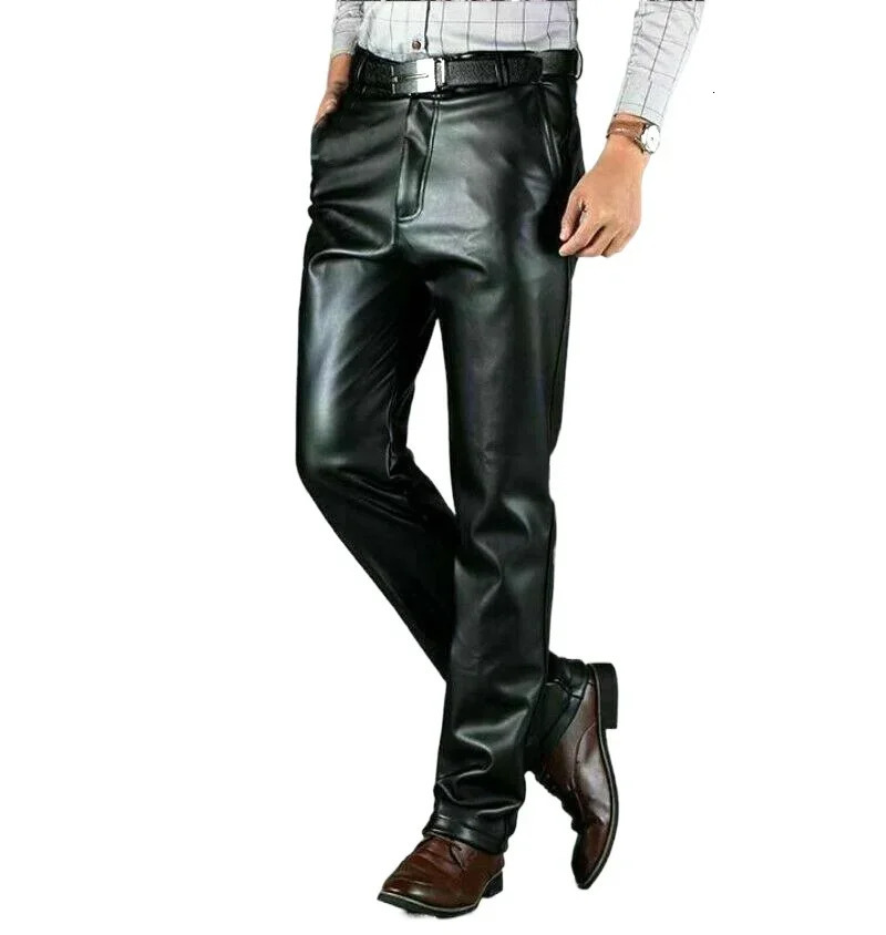 Black leather pants mens fashion casual plus size motorcycle pants trousers mens PU leather jogging pants business 240712