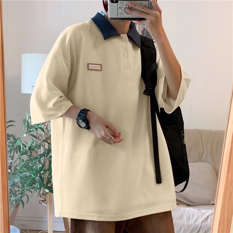 American polo sweater hoodie trendy high street loose and versatile short sleeved t-shirt for men, summer top lapel