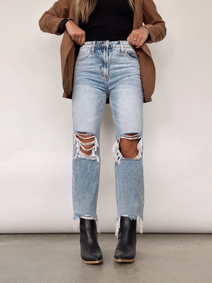 Fashion Spring 2024 Women Clothes Casual Floral Patches Ladies Denim Trousers Ripped Legging Women's Jeans