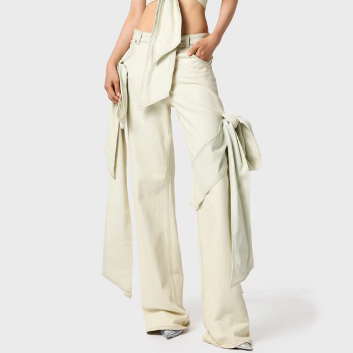 ZhuoYang Garment 2024 Spring New Women's Retro Washed Old Patchwork Bow Design Sense Of High Waist Slim Straight Leg Jeans
