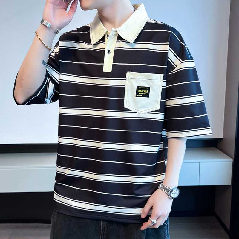Striped POLO shirt 2024 summer Korean loose fitting clothing, trendy student short sleeved T-shirt for men's clothing