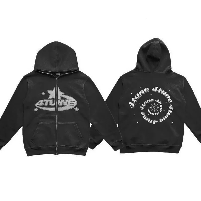 4Tune Y2K Full Zipper Retro Couple Hip Hop Hoodies Sweatshirt Loose Oversized Harajuk High Street Mens Womens Streetwear 240708