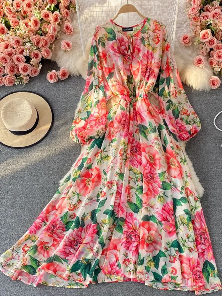 Spring Summer Holiday Bohemian Flower Maxi Dress Women Bow Tie Collar Floral Print Elastic Waist Large Hem Chiffon Vestidos 240712