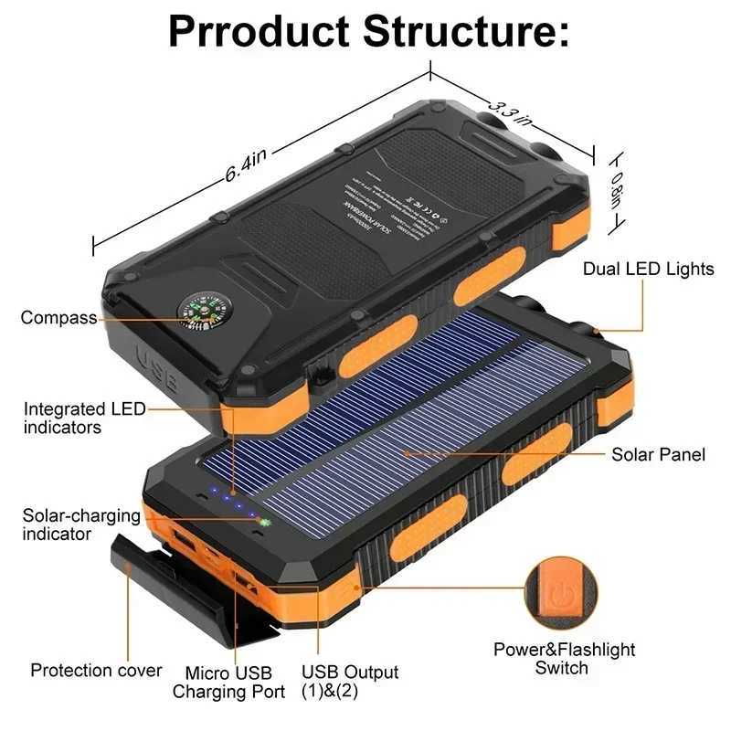 200000mAh Portable Solar Power Bank External Battery Fast Charging Waterproof Powerbank with SOS Flashlight Powerbank for M240715