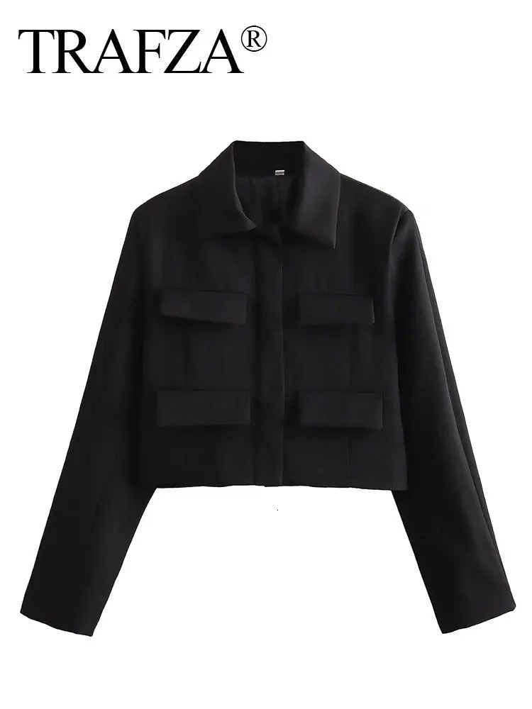 TRAFZA Spring Jacket For Women Slim Cropped Coat Elegant Solid Long Sleeve Front Flap Pocket Outerwear Fashion Streetwear 240715