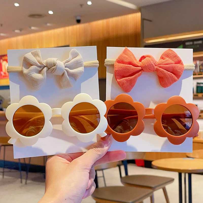 Sunglasses 2 Pcs/Set New Children Fashion Round Flower UV400 Sunglasses Colors Lovely Soft Bowknot Headbands Set Kids Hair Accessories