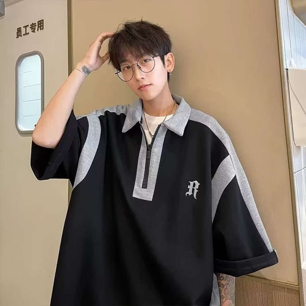 Academy style Polo shirt for men's summer trend, contrasting color top, loose large casual half zippered short sleeved T-shirt
