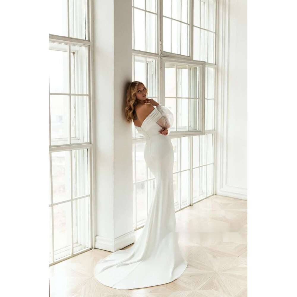 Long Mermaid Puff Sleeves Wedding Dresses Off The Shoulder Court Train Satin Bridal Gowns Glam Princess Vestido De Novia