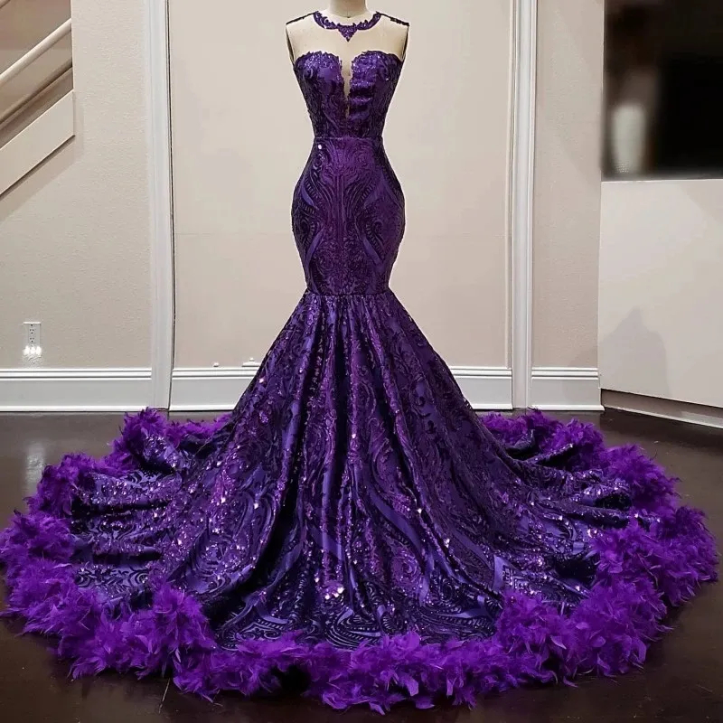Purple Glitter Sequined Mermaid Prom Dresses Feathers Court Train Open Back Long Glamours African Evening Gowns Illusion Jewel Neck