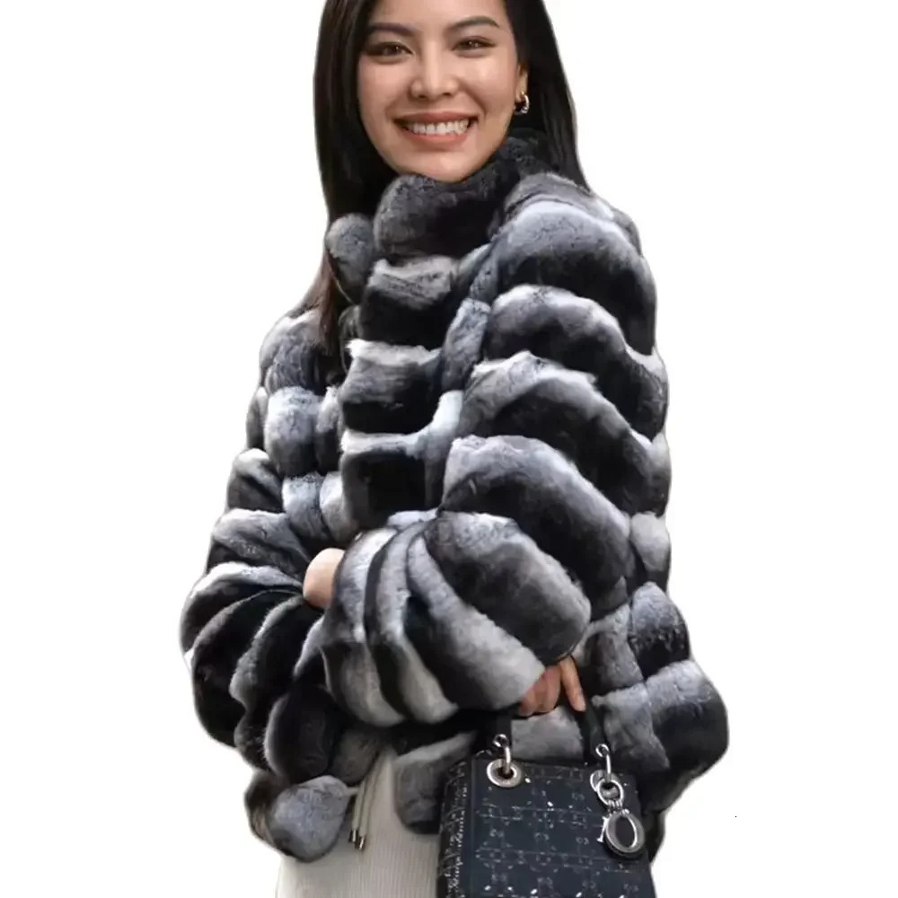 Womens Chinchilla Striped Jacket Real Rex Rabbit Fur Allinone Coat Length 60cm Package Mail Winter Thic 240712