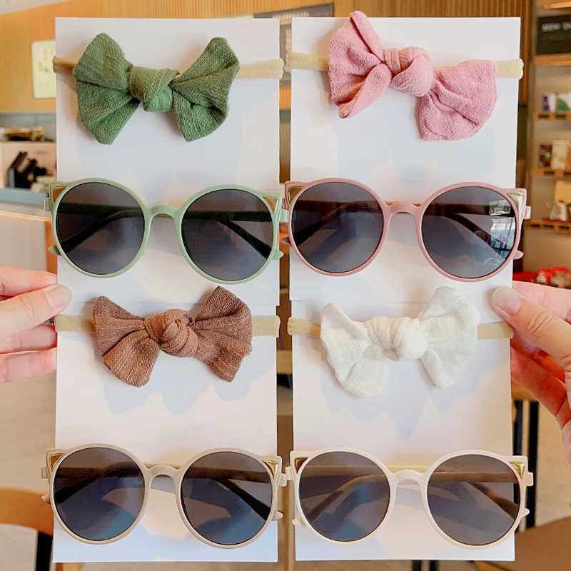 Sunglasses 2 Pcs/Set New Girls Boys Cute Solid Bowknot Headbands Vintage Ears Cat Sunglasses Outdoor Set Hair Bands Kids Hair Accessories