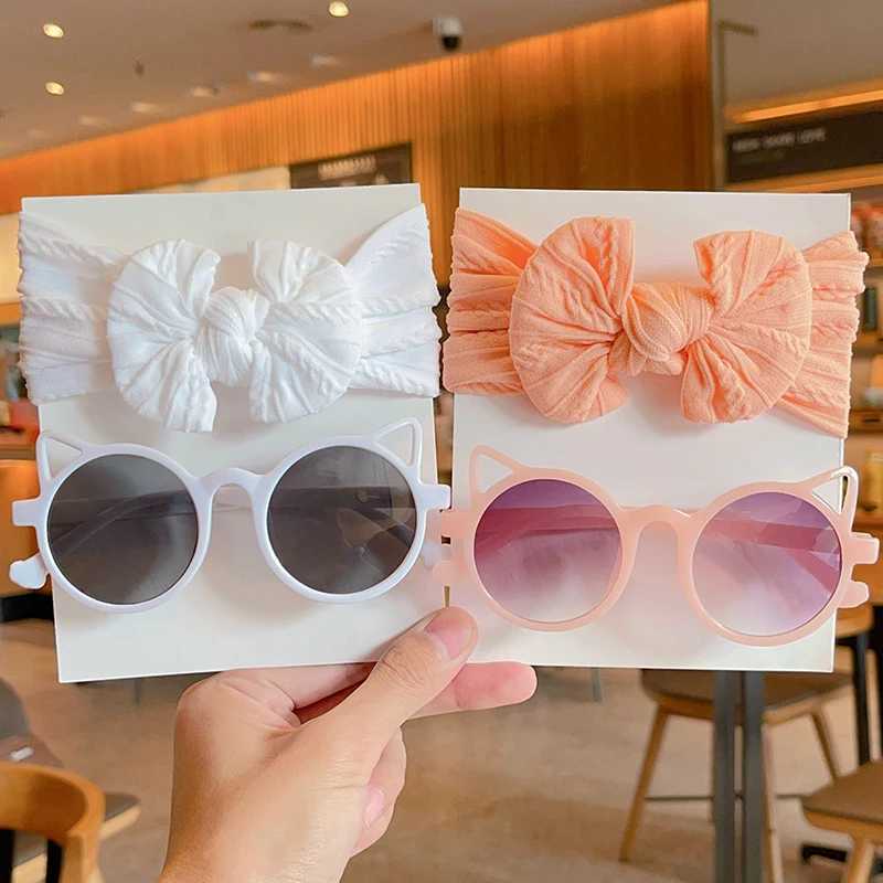 Sunglasses 2 Pcs/Set New Children Cute Colorful Soft Bowknot Wide Hairbands Cat Ears Sunglasses Boys Girls Headwear Kids Hair Accessories
