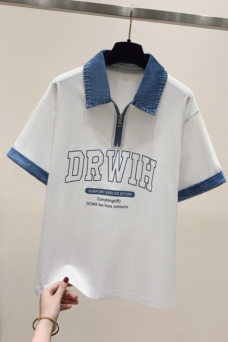 2024 summer new denim patchwork half zipper sweet and cool college style fashionable loose short sleeved T-shirt for women