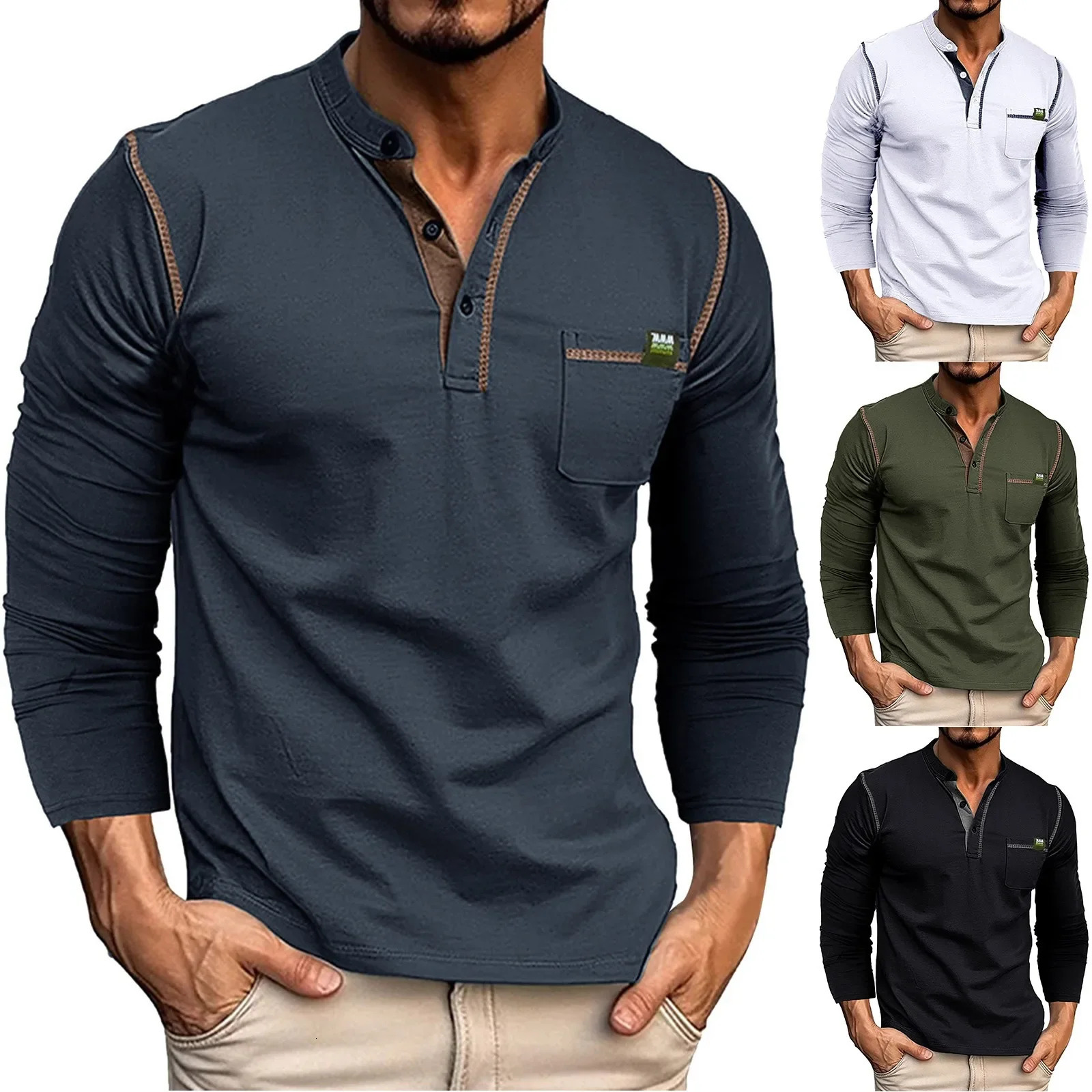 2024 Mens Spring Summer Long Sleeve Solid Pockets Polo Shirts Letter Stripe Stitching Raglan Sleeve Tops Tees Pullover T-Shirts 240715