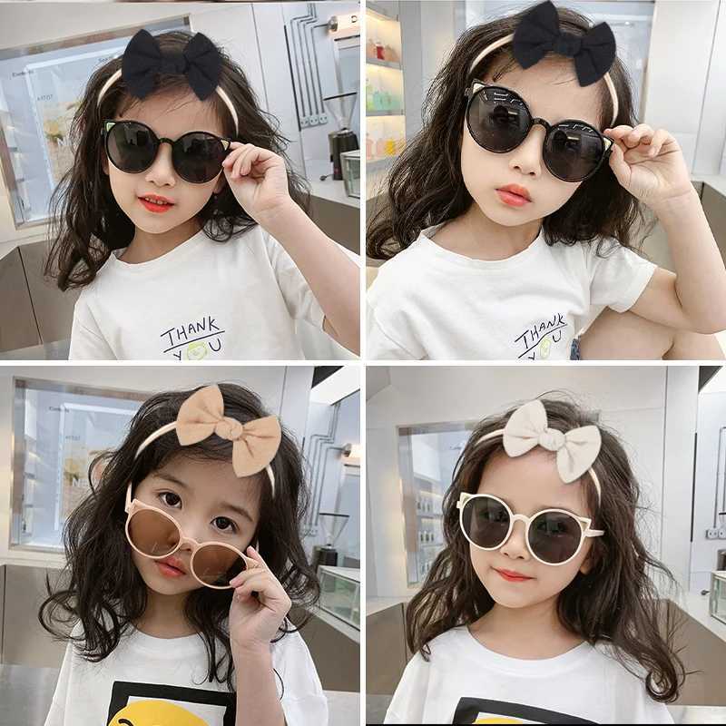 Sunglasses 2 Pcs/Set New Girls Boys Cute Solid Bowknot Headbands Vintage Ears Cat Sunglasses Outdoor Set Hair Bands Kids Hair Accessories