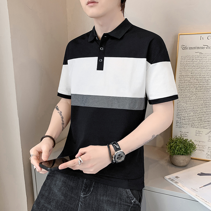 Polo for summer fashion label color blocking flip short T-shirt with ice silk feeling shirt collar casual half sleeved men's