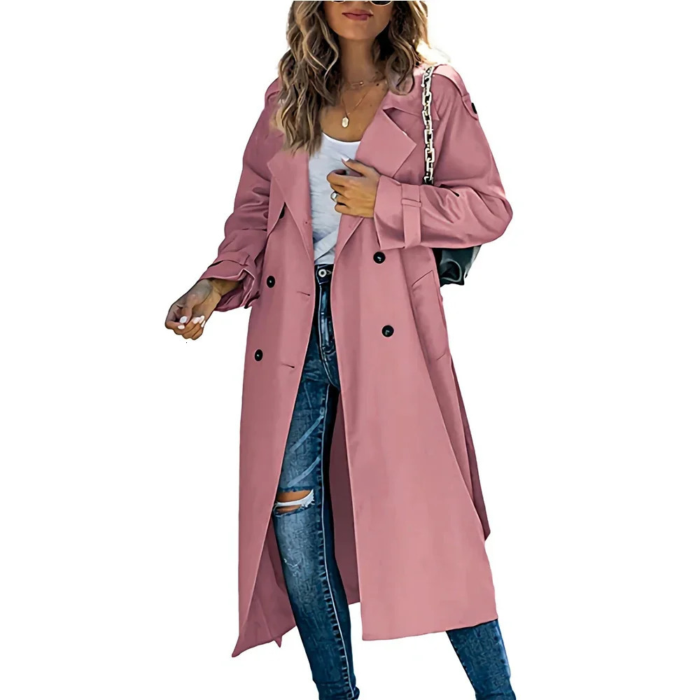 Womens Windbreaker Coat Fashion Long Pocket Lapel Button Windbreaker British Style Over The Knee Long Coat Office Wear 240703
