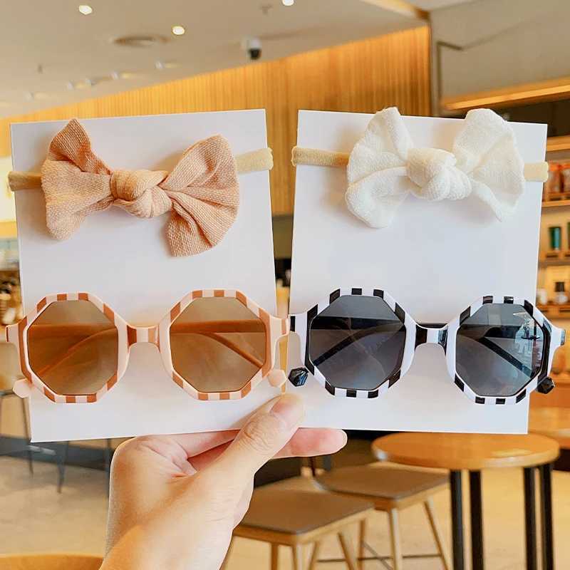 Sunglasses 2 Pcs/Set New Girls Cute Solid Color Bowknot Hairband Summer Striped Irregular Polygon UV400 Sunglasses Kids Hair Accessories