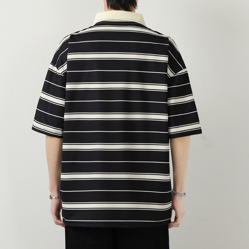Summer men's trend loose fitting clothing, student short T-shirt top, round neck striped five quarter sleeve half sleeved POLO shirt