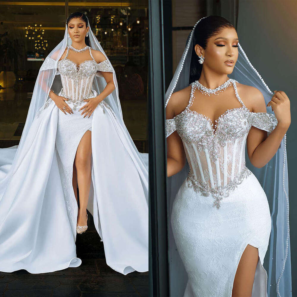 Gorgeous Pearls Mermaid special Dresses Crystal Beading Bridal Gowns with Detachable Train Lace Custom Made Vestido de novia