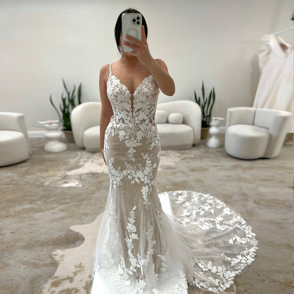 Mermaid Charming Lace Wedding Dresses 2024 Spaghetti Strap Glitter Bridal Gown Backless Illusion Vestidos De Novia Sweep Train