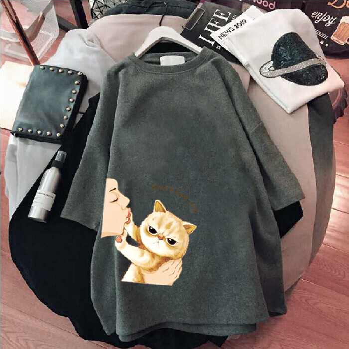 kkli Women's Summer Blouse Cute Cat Short-Sleeve T-Shirt Fashion Round Neck Dress Student Tees / Clothes