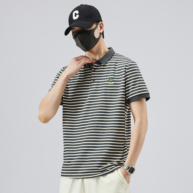 2023 Summer New Striped Shirt Pure Cotton Elastic Polo Collar Short Sleeve T-shirt Fashion Quality Men's Wear