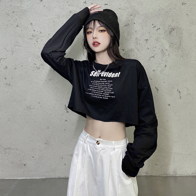 Women's Crop Top High Waisted Jazz Street Hip Hop Tee Fashion Letters Floating Waist Long Sleeve T-shirt Oversized Korean Teenage Clothes