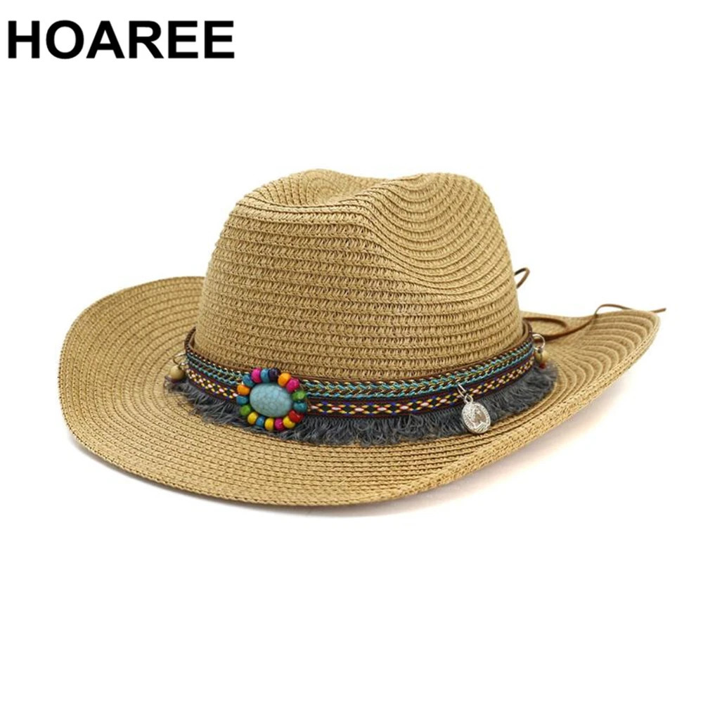 HOAREE Cowgirl Cowboy-Hat Sombreros Western Cap Wome -Straw Jazz Ethnic Style Beige Summer Beach Straw Sun Hats 240713