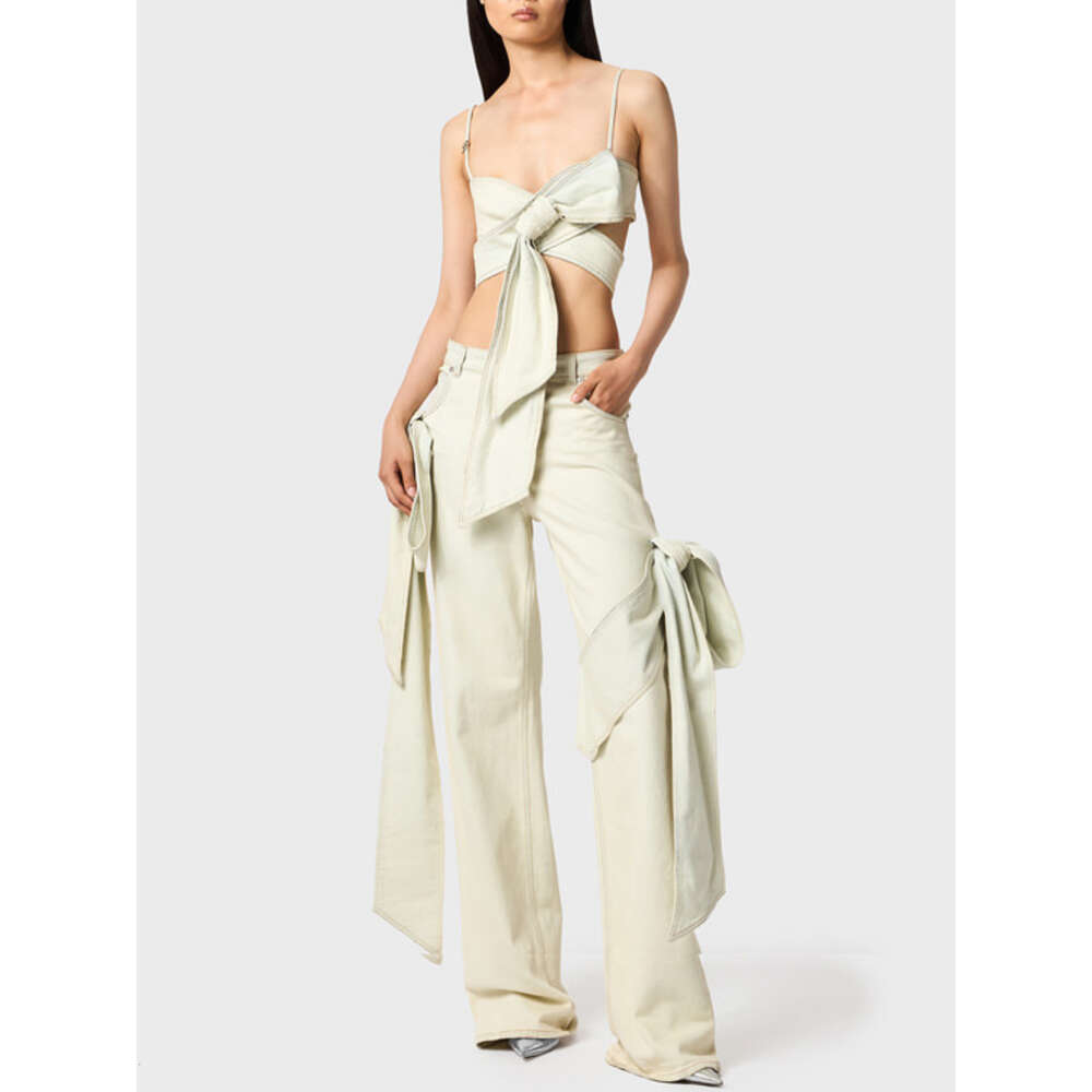 ZhuoYang Garment 2024 Spring New Women's Retro Washed Old Patchwork Bow Design Sense Of High Waist Slim Straight Leg Jeans